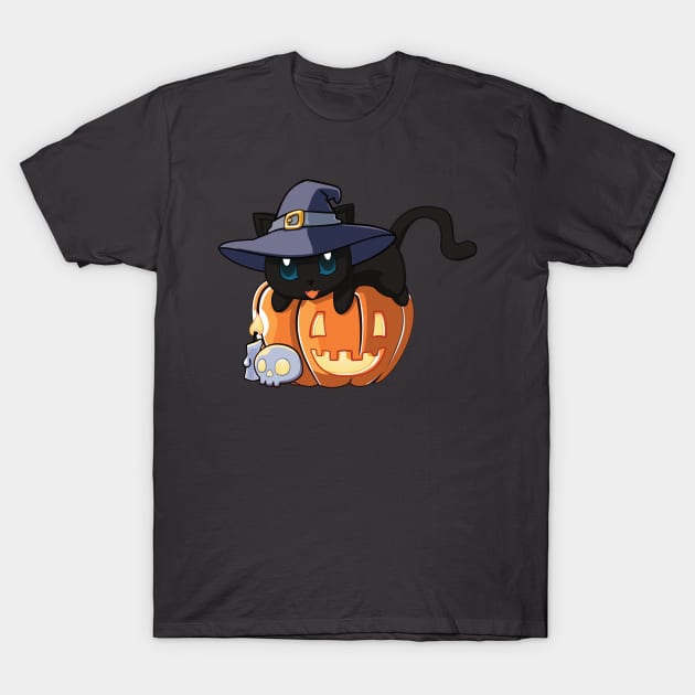 Black Cat on a Pumpkin T-Shirt by Myanko